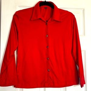 Linzen Top Button Front collar Shirt Red Linen/ Silk Blend Size L Long Sleeves